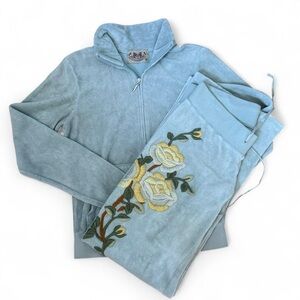 Vintage Juicy Couture Velour Tracksuit Embroidered Floral Motif Sage Green